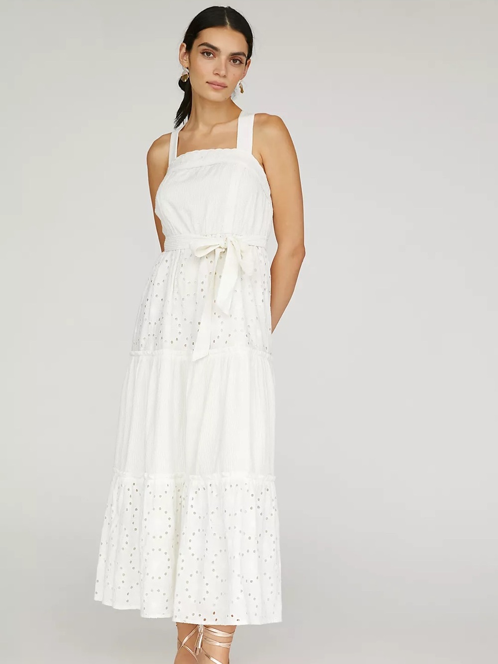 Anthropologie Porridge Antique White Eyelet Maxi Dress Tiered XL *No Belt